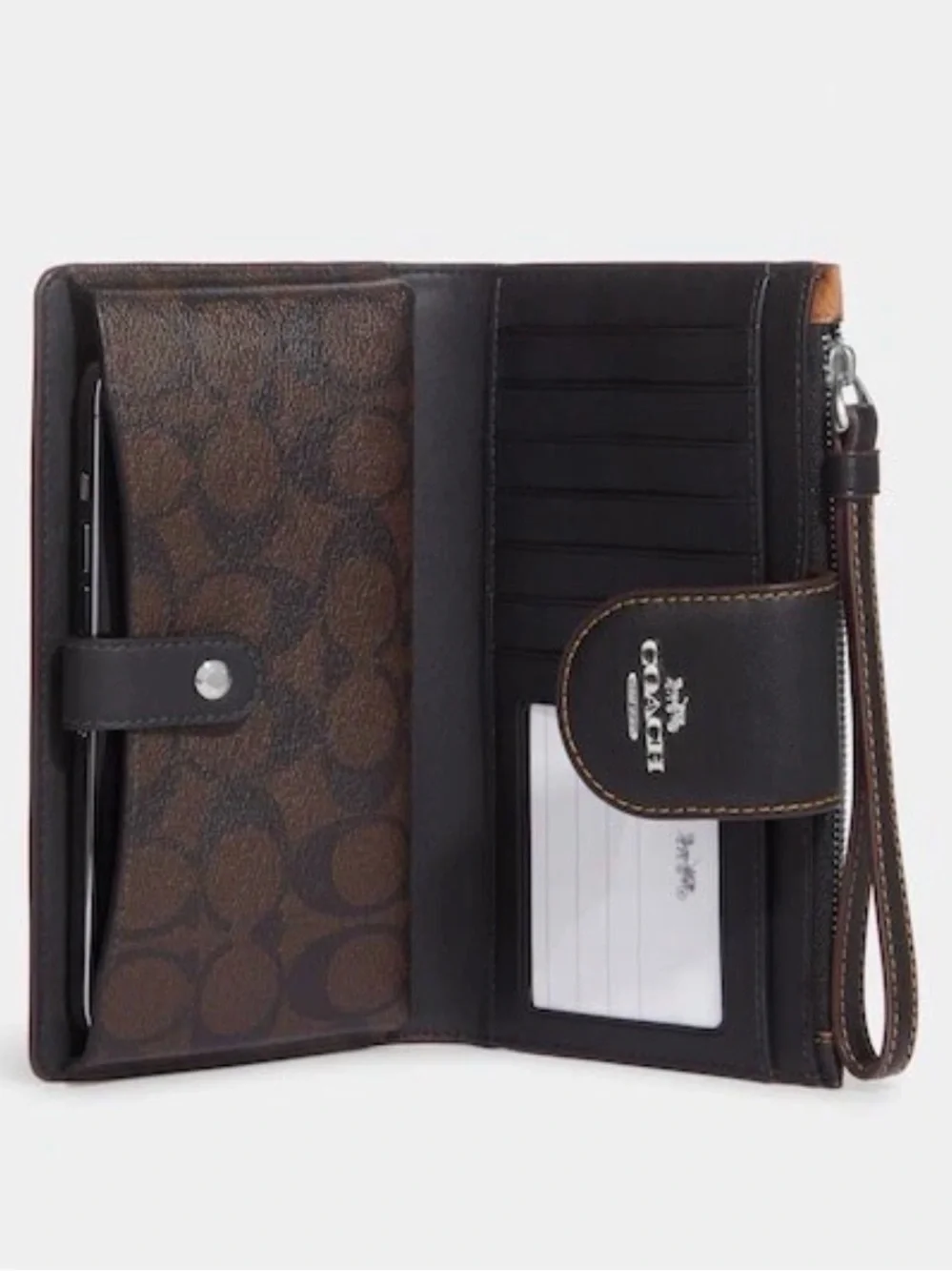 COACH Leopard Print Leather Wristlet Card Case - Brown & Black